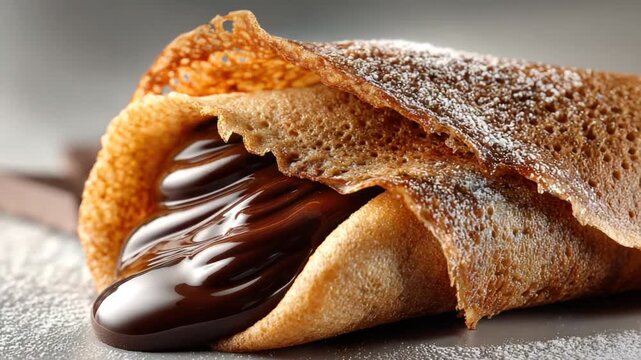 Close-up of a crepe filled with glossy, rich chocolate, dusted with powdered sugar
