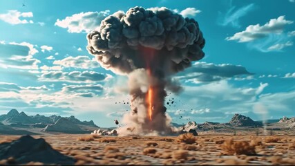 A massive mushroom cloud explosion erupts in a desolate desert landscape under a partly cloudy sky. - Powered by Adobe