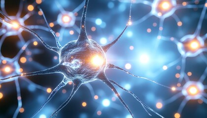 A close-up of a dark, detailed neuron glowing with a bright center, connected to a vast blue neural network