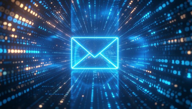 A glowing neon blue email icon floats in a tunnel of binary code and digital matrix data, symbolizing secure communication