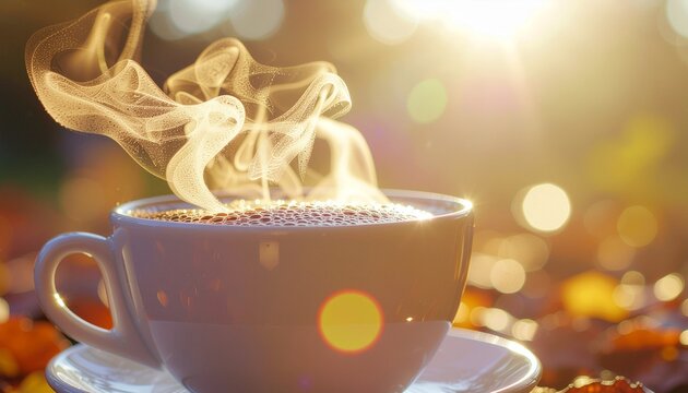 A macro shot of coffee steam swirling above a white cup, illuminated by warm golden sunlight and bokeh - Powered by Adobe