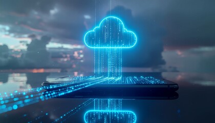 A smartphone on a reflective surface connects to a glowing blue cloud icon via a stream of binary data
