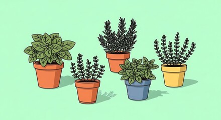 Fototapeta premium Assortment of culinary herbs planted in pots, perfect for a kitchen garden