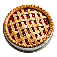 Delicious cherry pie with lattice crust in a pie dish, from above