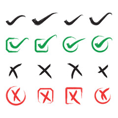 Hand-drawn check and cross mark icon set. doodle sketch tick, X, checkbox, circle mark, checklist symbols, right and wrong signs, brush marker style vector illustration