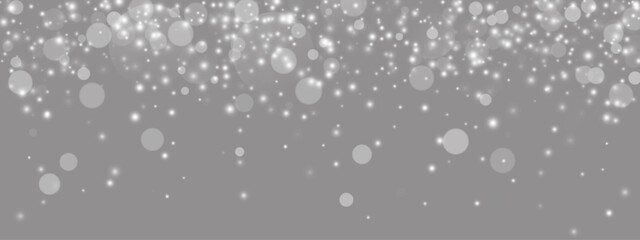 Gray bokeh background with white light particles and blur texture. Abstract sparkle dots, glowing specks scattered in gradient backdrop. Vector spotlight effect with glitter shine elements © YEVHENIIA