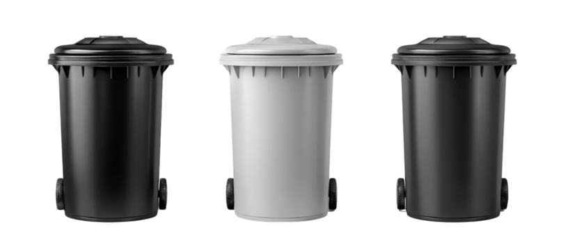 Three distinct trash bins in black, gray, and white colors arranged in a row, showcasing modern waste management solutions, with a plain background emphasizing their design