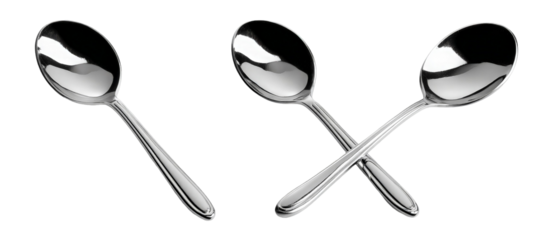 Three shiny stainless steel spoons arranged artistically on a white background, showcasing their smooth curves and reflective surfaces, ideal for kitchenware or dining-related content