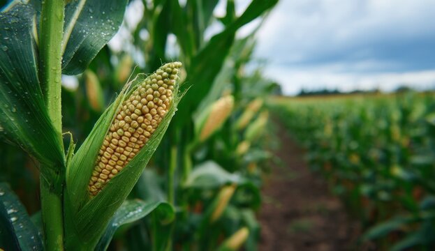 A close-up shot showcases a ripe ear of corn, its kernels golden and plump, nestled within vibrant green husks, with a blurred field of corn stalks stretching into the distance under a cloudy sky
