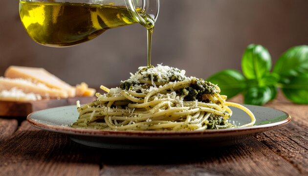 Olive oil is being poured over a plate of freshly cooked spaghetti with pesto and grated Parmesan cheese on a wooden table