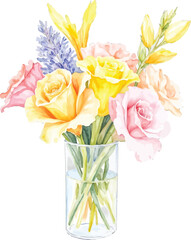 Watercolor painting of a bouquet of roses and lilies in a glass vase, transparent background, vector, illustration