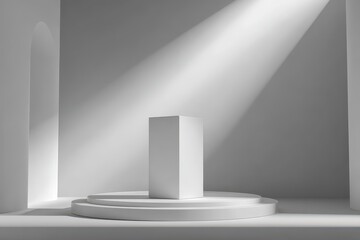 Modern minimalist white studio with rectangular pedestal on circular platform, illuminated by a dramatic light beam.