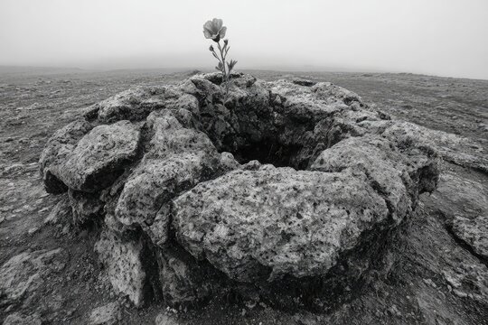 Volcanic Crater Landscape In Gray Scale