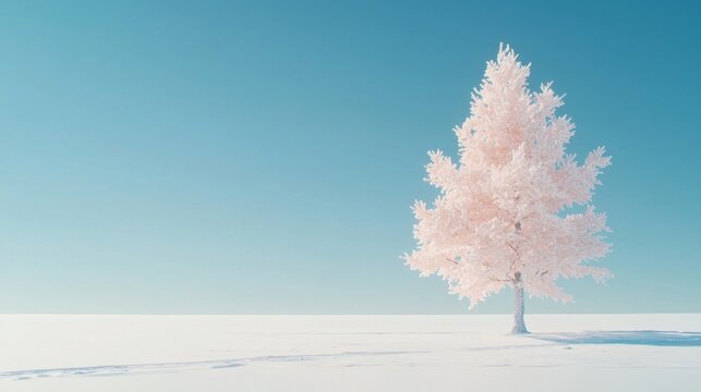 A lone, pale pink tree stands in a vast, snowy landscape under a clear blue sky. - Powered by Adobe