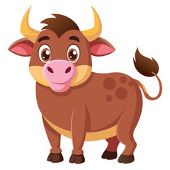 Illustration of a cartoon brown bull with yellow horns on transparent background