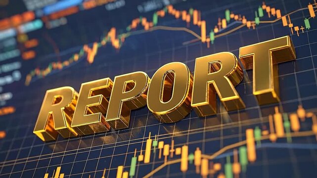 Golden 3D 'REPORT' text highlighted against a backdrop of complex stock market charts and digital financial data, symbolizing critical business analysis and economic insight