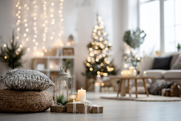 Cozy living room decorated with Christmas tree, candles, wrapping gifts and string lights in modern Scandinavian interior