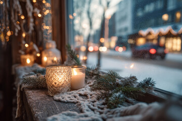 Burning candles and pine branches on snowy windowsill with blurred city street lights in background. Concept of winter decoration and cozy holiday atmosphere