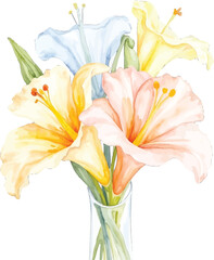 Watercolor painting of a bouquet of lilies, transparent background, vector, illustration
