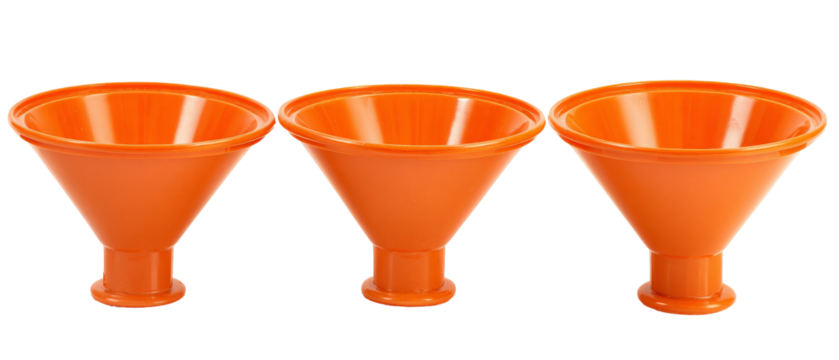 Three vibrant orange funnels arranged in a row, set against a clean white background, showcasing their conical shape and usefulness in transferring liquids or small particles