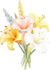 Watercolor painting of a lily bouquet with yellow and peach tones, transparent background, vector, illustration