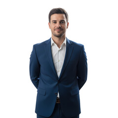 Confident businessman in stylish blue suit exudes professionalism and success, ready for corporate opportunities.