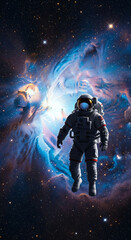 Astronaut floating in zero gravity in front of a bright blue and gold galaxy.