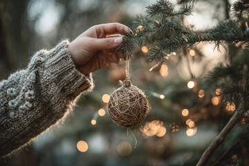 Close-up of a hand hanging a rustic natural ornament on an outdoor Christmas tree branch with festive lights. Concept of winter holidays and handmade decoration.