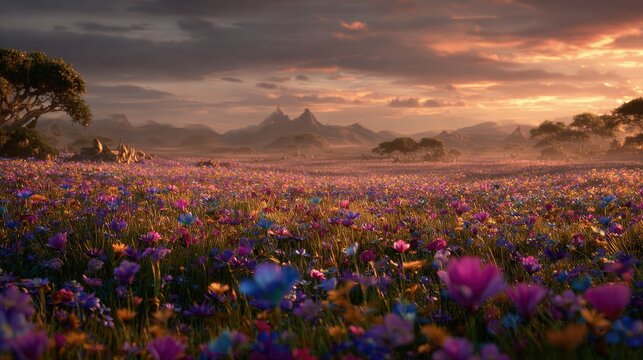 Colorful Flower Field at Sunset Landscape - Powered by Adobe