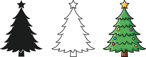 Obraz premium Christmas tree with star and ornaments three versions silhouette, line art and color illustration