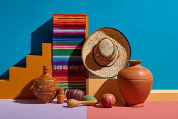 Still life with Mexican pottery, wide brim straw sombrero and bowl of citrus on a colorful geometric background under sunlight