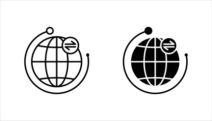  Black silhouette icon of a globe surrounded by orbit-like connection lines  icon set. vector illustration, pictogram isolated on white background. color editable