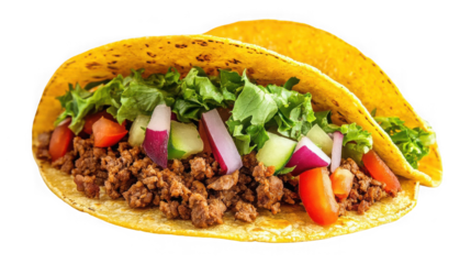Two delicious tacos isolated on transparent background filled with meat and veggies