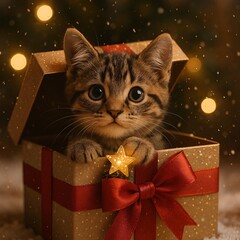 Cute Tabby Kitten Peeking Out of a Gold Christmas Gift Box with a Red Ribbon and Glowing Star