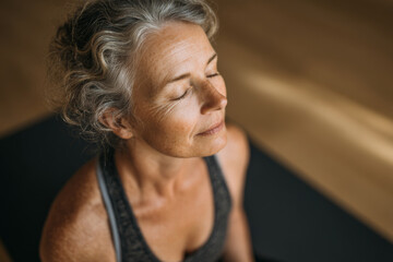 Close-up of an older woman sitting in an indoor meditation pose with closed eyes. Concept of mindfulness, active aging and wellness