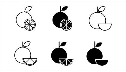 Citrus Orange Fruit Whole and Slice Line Art icon set. vector illustration, pictogram isolated on white background. color editable