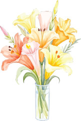 Watercolor painting of lilies in a vase, transparent background, vector, illustration