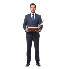 Confident businessman in sharp suit holding a professional document binder ready for important meeting
