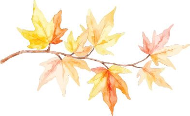 Watercolor painting of a branch with colorful autumn leaves, transparent background, vector, illustration