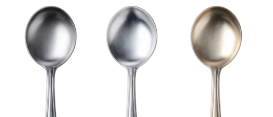 Three elegant spoons in varying metallic finishes positioned against a black background, showcasing their unique textures and reflections, ideal for culinary or product photography