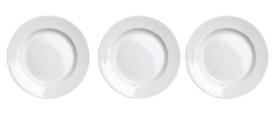 Three empty white plates arranged in a row on a clean surface, showcasing their smooth texture and simple design, perfect for culinary presentations or table settings