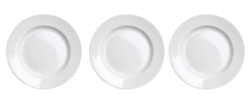 Three empty white plates arranged in a row on a clean surface, showcasing their smooth texture and simple design, perfect for culinary presentations or table settings