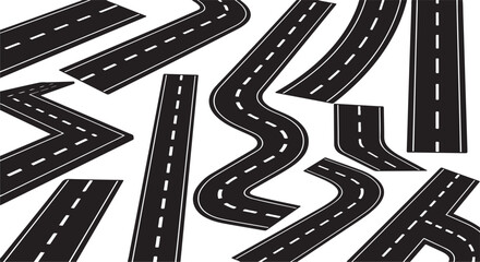 Fototapeta premium Black asphalt roads with white dashed lines and curves vector