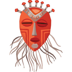 Red African Tribal Mask with Eyes Closed and Dangling Strands on White Background Detailed Tribal Art