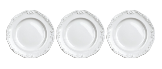 Three elegant white plates with intricate designs arranged symmetrically, showcasing their smooth surfaces against a clean background, perfect for dining or decoration