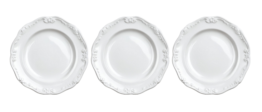Three elegant white plates with intricate designs arranged symmetrically, showcasing their smooth surfaces against a clean background, perfect for dining or decoration