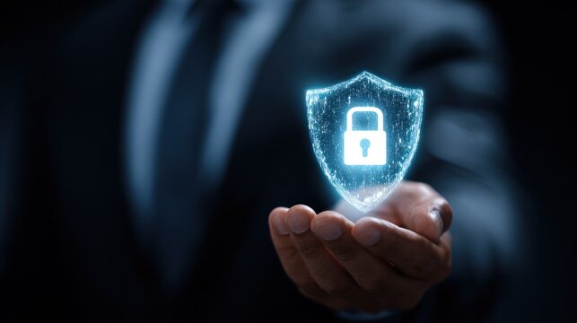 Businessman holding glowing digital security shield with padlock icon. - Powered by Adobe