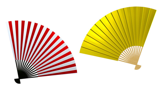 金の扇子と紅白扇子のセット｜和風お祝い・縁起物・正月・行事用デザイン（背景透明）