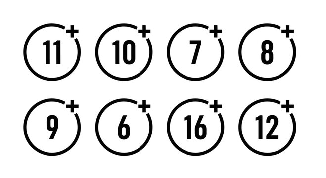 Vector icon eight circular icons with numbers and plus signs