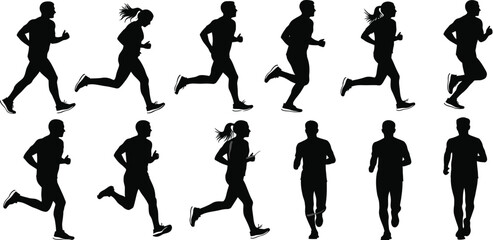 Group of diverse runners in motion black silhouettes running people